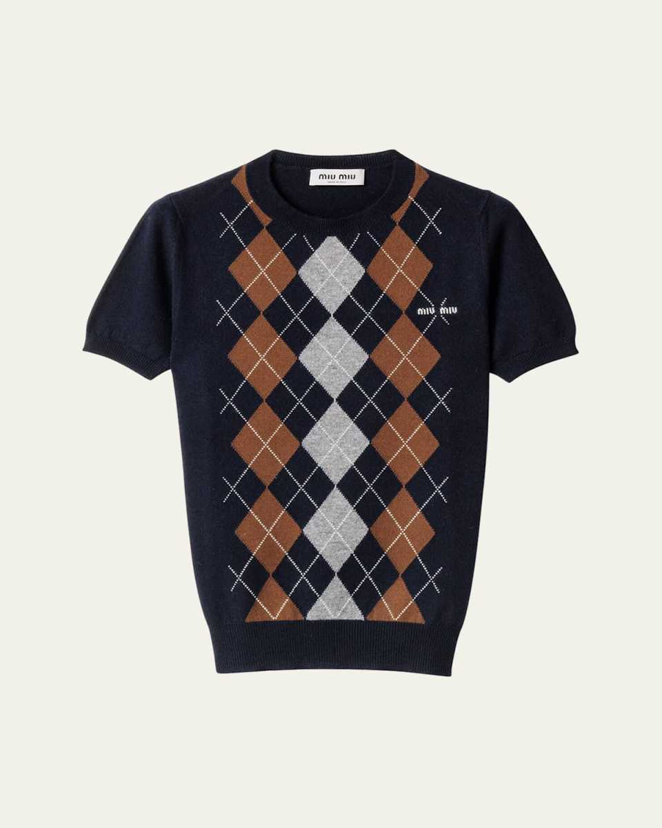 Cashmere Argyle Short-Sleeve Sweater